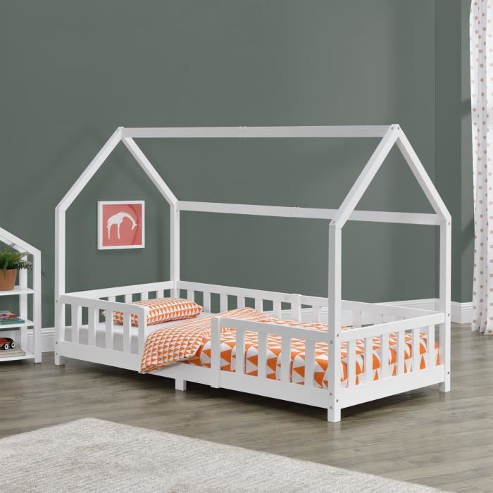 Lit dEnfant Design Forme Maison Sisimiut Pin 200 x 90 cm Blanc Mat Laqué