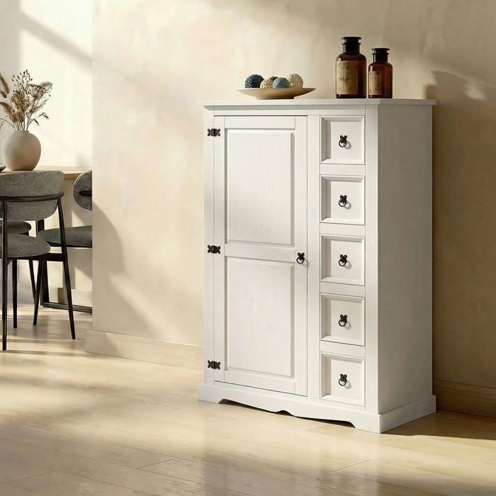 Buffet salle à manger apothicaire TEQUILA L 95 cm en bois massif blanc avec 1 porte battante et 5 tiroirs Buffet salle à manger apothicaire TEQUILA L 95 cm en bois massif blanc avec 1 porte battante et 5 tiroirs