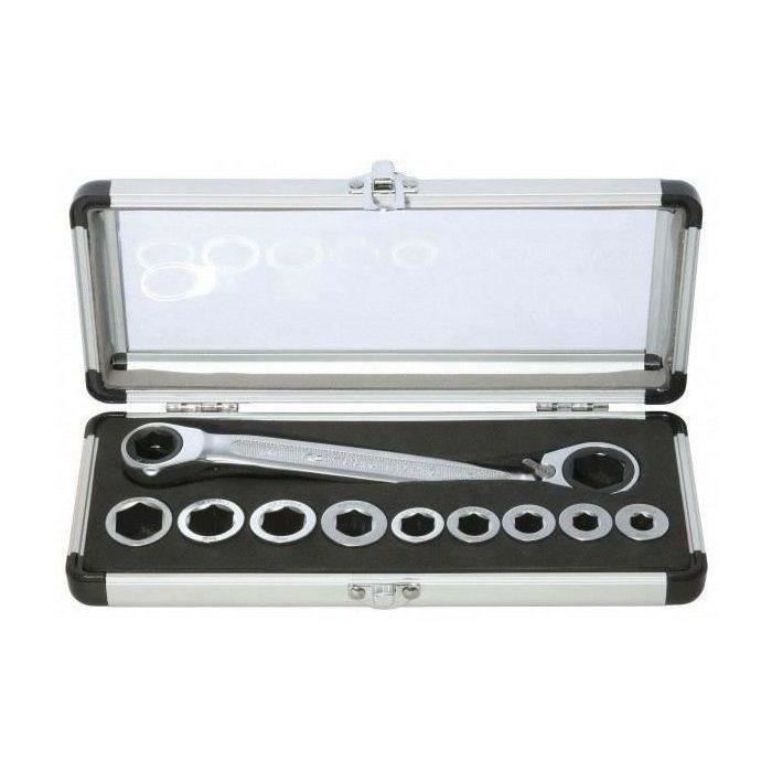 Coffret à douilles 6 pans avec cliquet réversible - S'utilise comme une clé standard - Livré avec 9