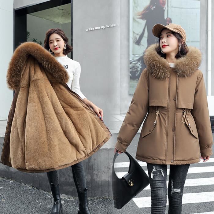 Manteau Femme Hiver Couleur pure Faux Fourrure Trim Garder chaud Plus  velours avec Poches - marron 2 GOGUQ