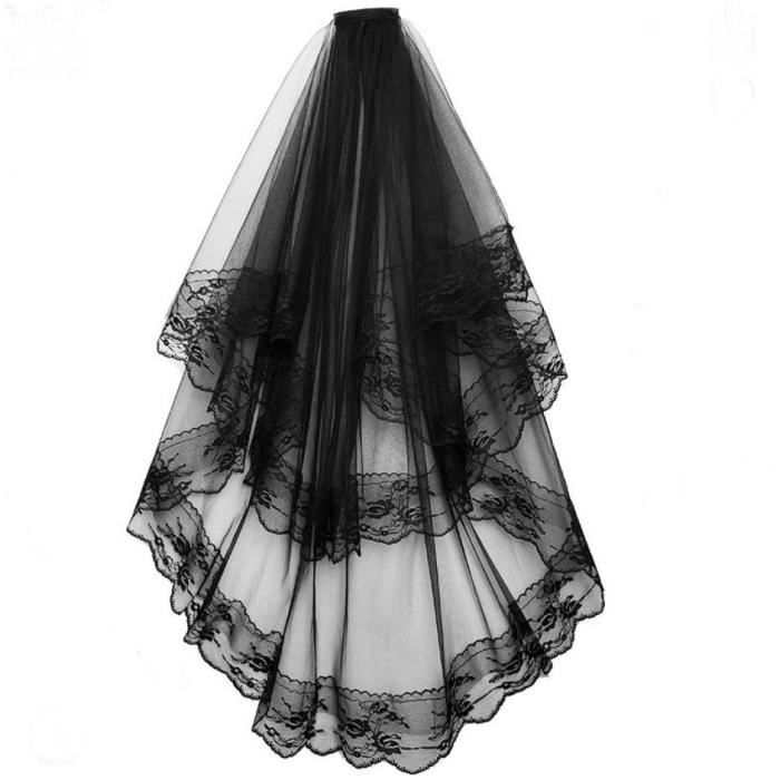 Voile De Mariée Gothique Noir à Deux Niveaux Avec Nœud – Accessoire Cosplay, Halloween Ou Mariage Alternatif – Maille Polyester Léger Avec Peigne