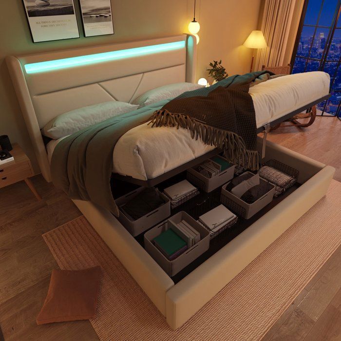 Lit coffre double 160x200cm en similicuir avec LED Coffre de rangement Sommier à lattes inclus pour adulte ou enfant Blanc
