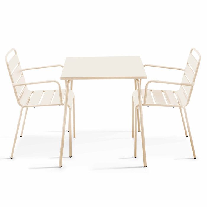 Ensemble table de jardin carrée et 2 fauteuils acier ivoire Palavas Oviala