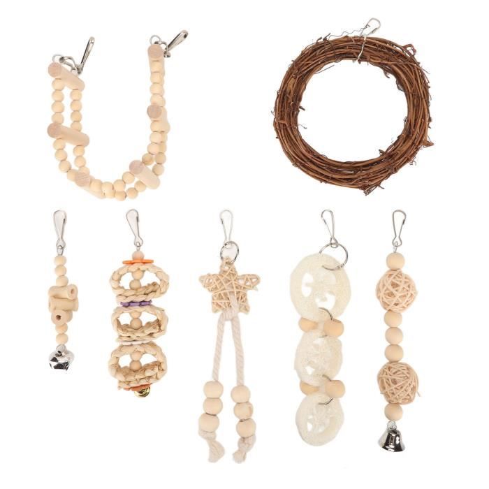 Comparer les prix de Jouets à mâcher balançoire perroquet - 7 pièces - bûches, rotin, cosse de maïs, luffa