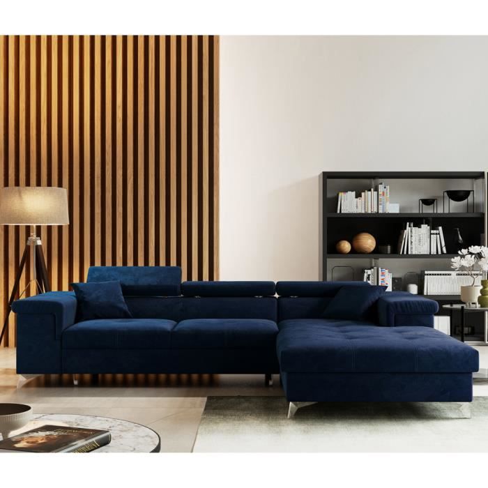 Canape D Angle Convertible Mikkara 280 Cm Bleu Marine En Velours Droite Style Moderne Cdiscount Maison