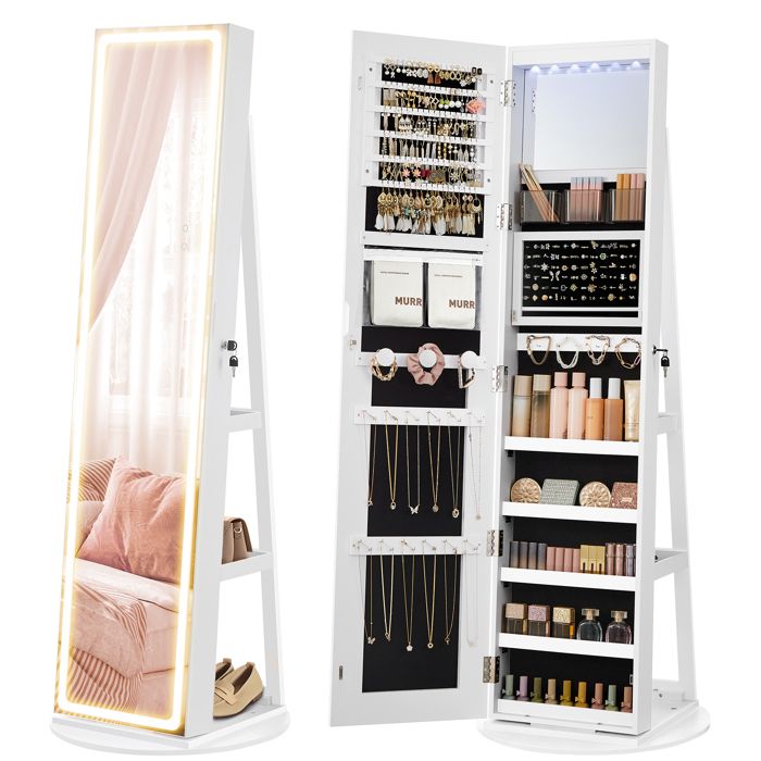 Armoire à Bijoux sur Pied avec Miroir avec Éclairage Réglable Verrouillable Grand Espace de Rangement Blanc Nuage