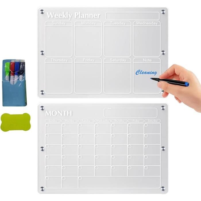 SULOLI Calendrier Magnétique Frigo A4 Effaçable - Transparent Avec 6 Marqueurs - Organisation Semaine