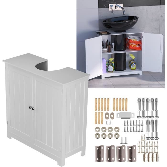 Rangement Compact Lavabo Salle De Bain HOMCOM - 60x30x60 Cm, Bambou Et Blanc - 2 Portes, étagère Réglable Meuble Sous Vasque