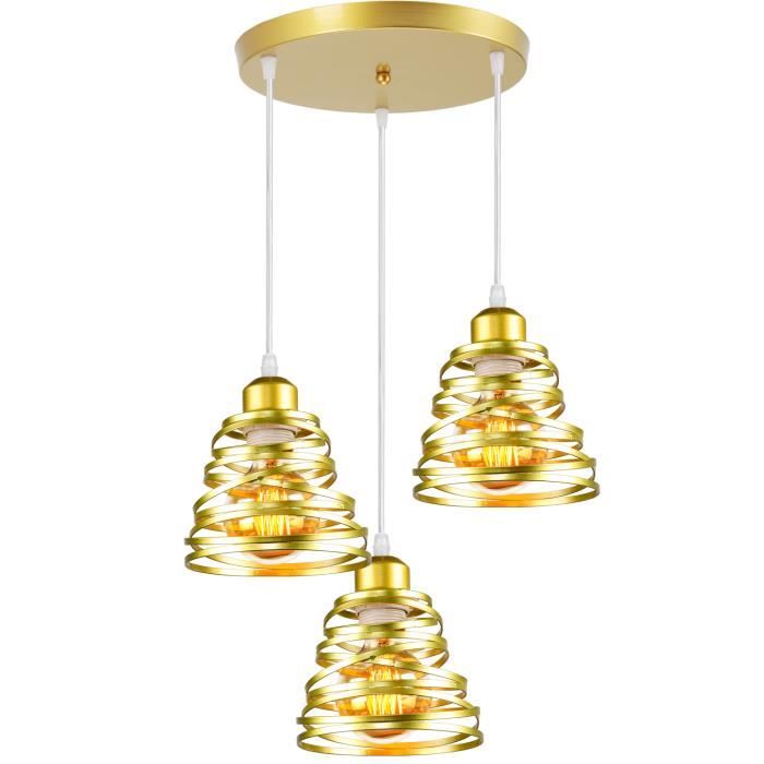 stoex suspension 3 lampes cage métal forme ressort design plafonnier lustre suspension doré
