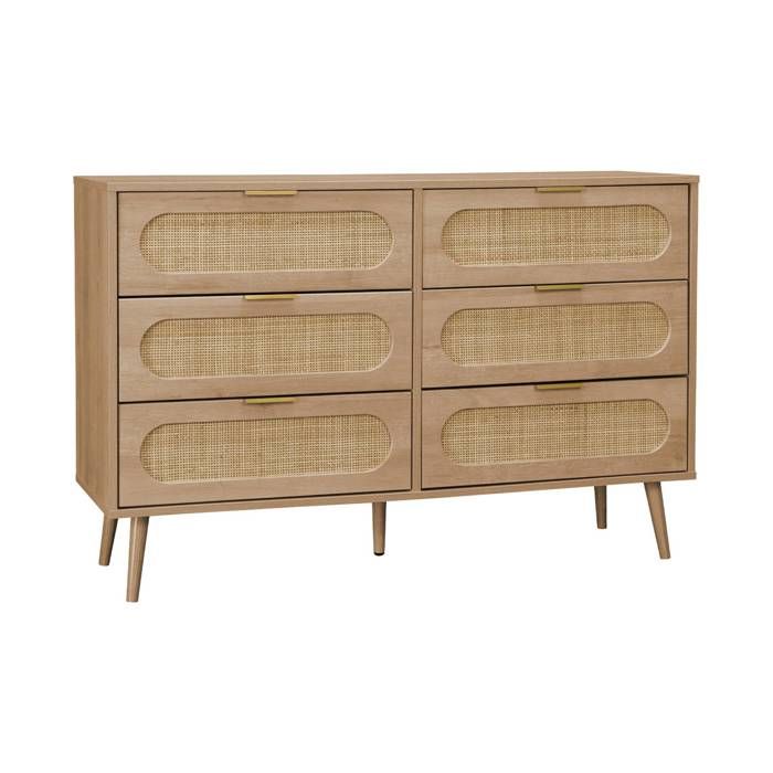 Commode décor bois et cannage arrondi 6 tiroirs EVA