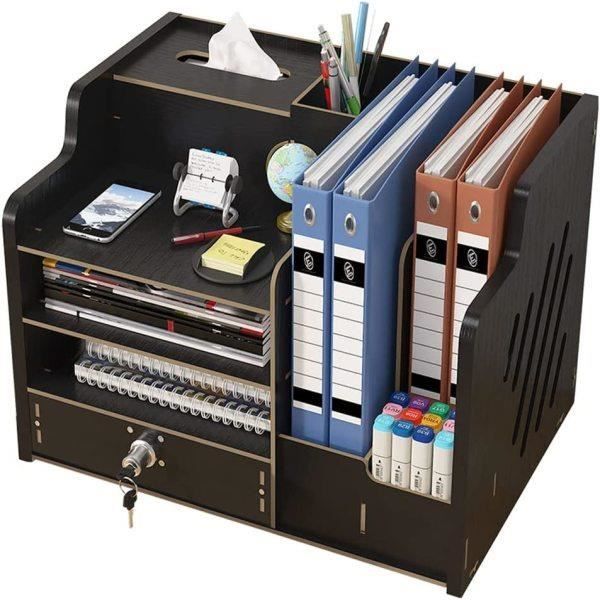 Organiseur De Bureau Arc-en-Ciel En Bois - Pot à Crayons Rangement Papeterie Multicompartiments