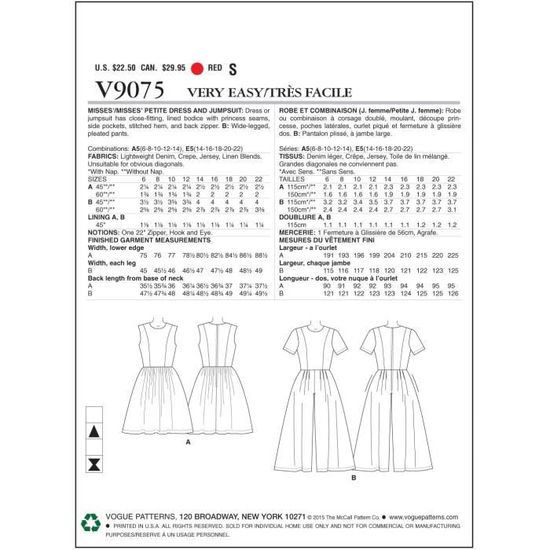 Cartamodello Vogue Patterns V1793E5, Abito Da Donna Con Cintura, Taglie 46-48-50-52 (E5), Livello Facile