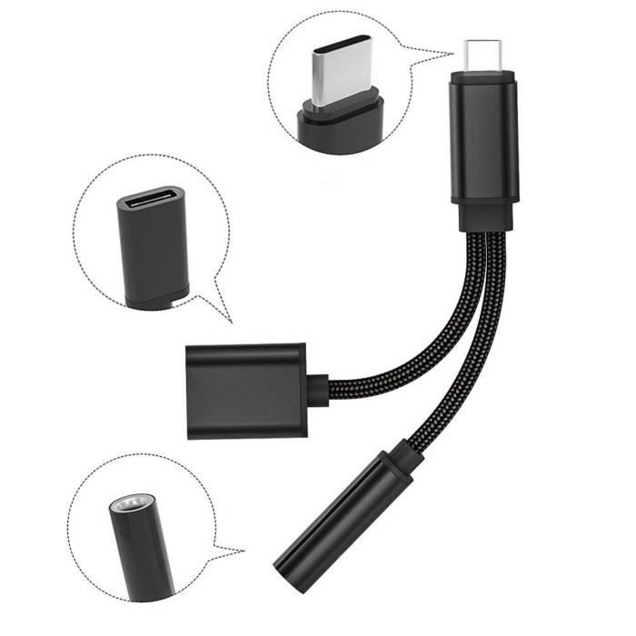 Câble téléphone portable VISIODIRECT Double adaptateur cable diviseur type  c prise jack 3. 5mm chargeur usb-c noir pour téléphone smartphone - 
