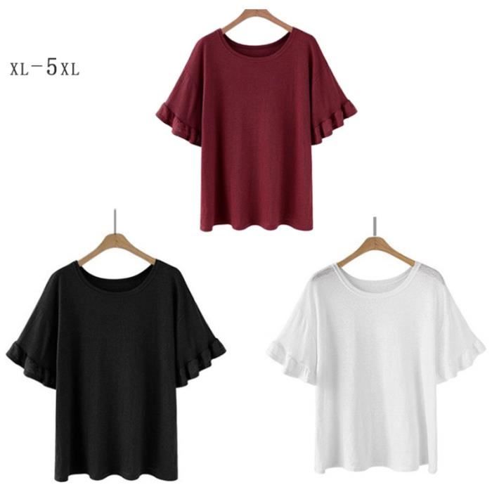 T shirt femme uni grande taille col rond pas cher manches courtes a volant T shirt coton Tunique Top fille Blanc Cdiscount Pret a Porter