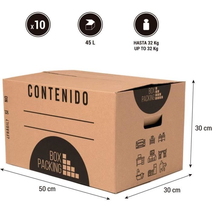 BOXPACKING, Cartons Déménagement, Lot de 10 Boite Carton Demenagement,  Emballage, 50x30x30 cm, Avec Poignées