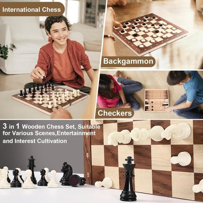 Jeu d'échecs et de dames en bois 3 en 1, pour ... - Grandado