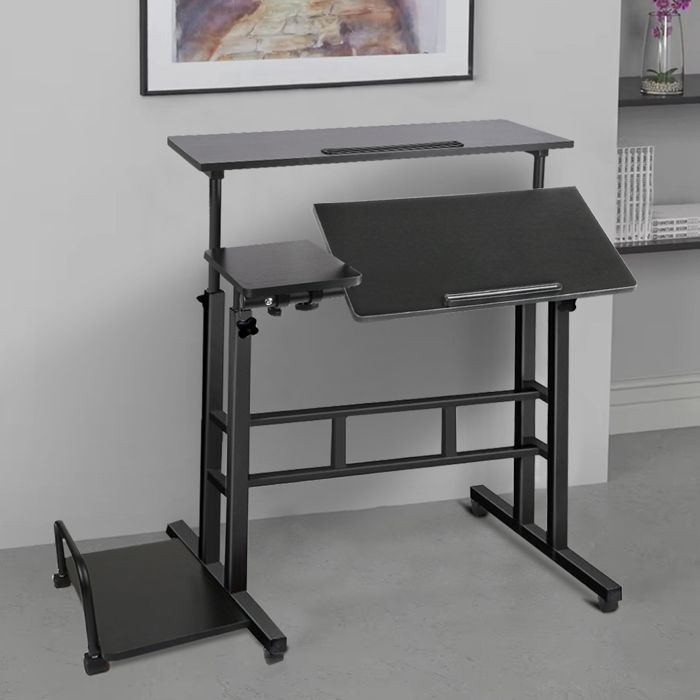 Bureau Debout Mobile, Chariot pour Ordinateur Portable à Hauteur Réglable avec Plateau Angle Ajustable, (Blanc Naturel