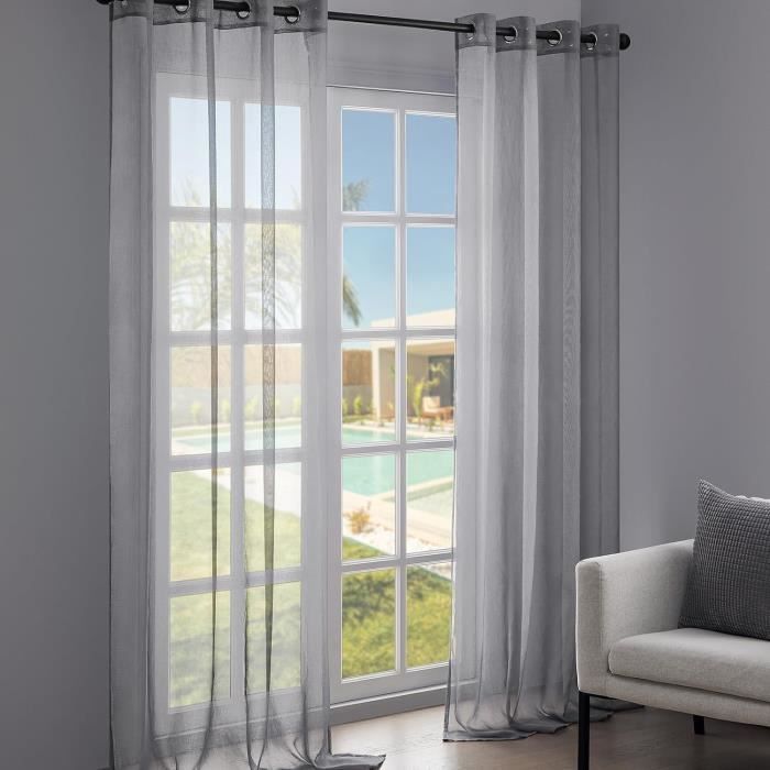 TOPICK Rideaux Cuisine Court Brise Bise Petit Rideau, mélange de Lin, Rayés Marron sur Beige 65 x 90 cm(LxH) Lot de 2 a Pattes, Semi-Transparentes pour Placard Salon Chambre sous Evier Salle