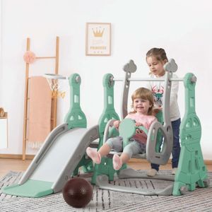 TOBOGGAN Toboggan enfant 4 en 1 - MODERNLUXE - Multifonctionnel avec balançoire et panier de basket - Vert