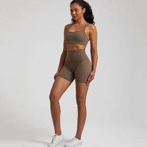 SHORT DE SPORT Ensemble de shorts de yoga sans couture pour femmes,vêtements de sport imbibés,haut court de fitness- Caramel Brown Set
