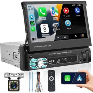 AUTORADIO Autoradio bluetooth Carplay 1 Din GPS 7‘’ Écran Tactile Retractable FM Radio Main Libres AUX-USB-TF Lien Miroir+Télécommande+Caméra