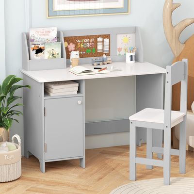 GOPLUS Bureau Enfant Fille Garcon avec Chaise, Table a Dessin Enfant avec Rouleau du Papier, Bureau d'Écriture en Bois avec Rangement, Table Polyvalente pour 3+ Ans, Gris