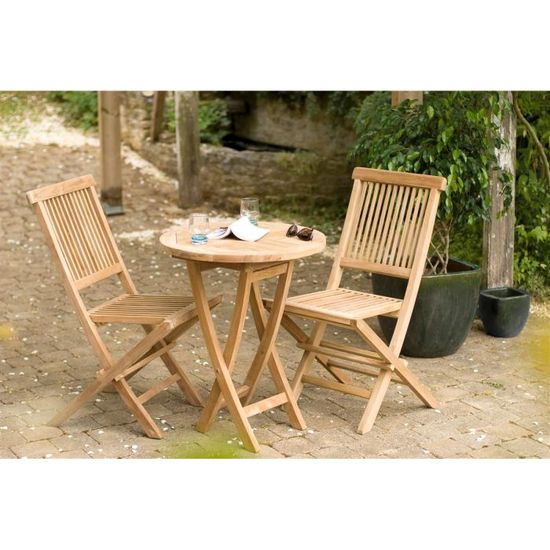 JARDITECK Ensemble en teck table ronde pliante de jardin et 2 chaises - Pour 2 personnes - Beige