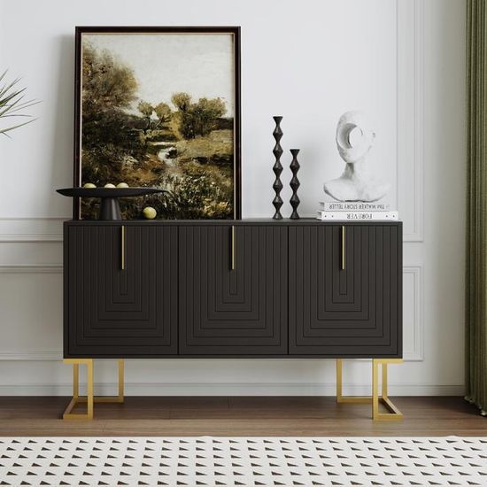 Buffet Avec 4 Portes - 160x38x80cm - Avec étagères Réglables Et Bandes Métalliques Dorées