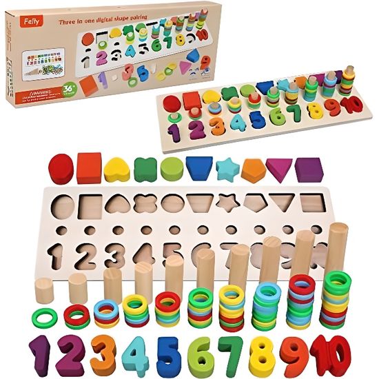 jouet montessori mathématiques bébé 1 2 3 ans, jeux éducatif puzzles en bois, apprendre à compter et les couleurs jeu