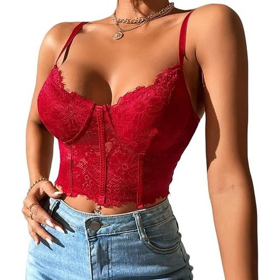 Débardeur Crop Top En Dentelle - Col En V Et Bretelles Spaghetti - Tops Sexy Pour L'Été