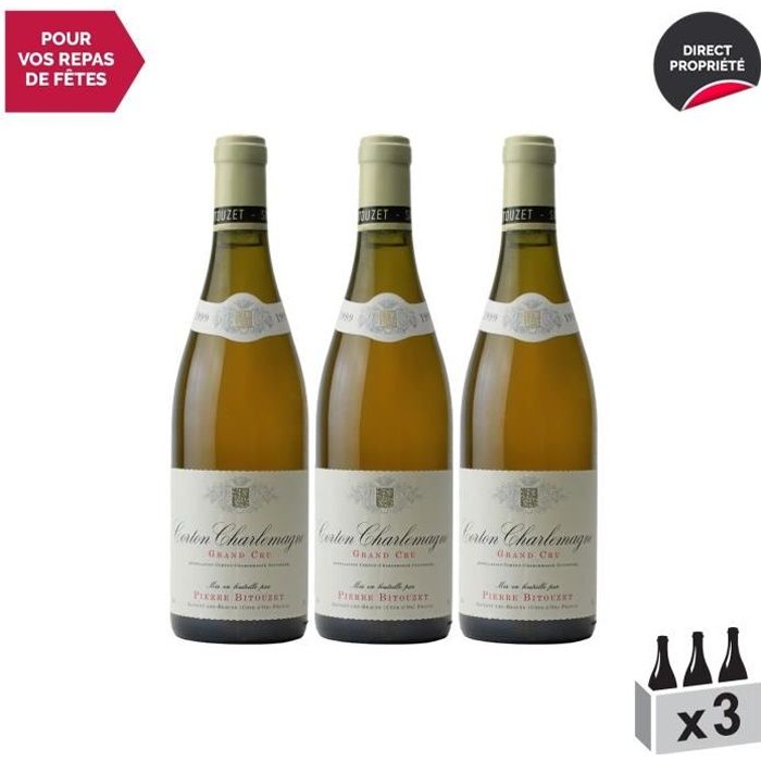 Corton-Charlemagne Blanc 1999 - Lot de 3x75cl - Pierre Bitouzet - Vin AOC Blanc de Bourgogne - Cépage Chardonnay