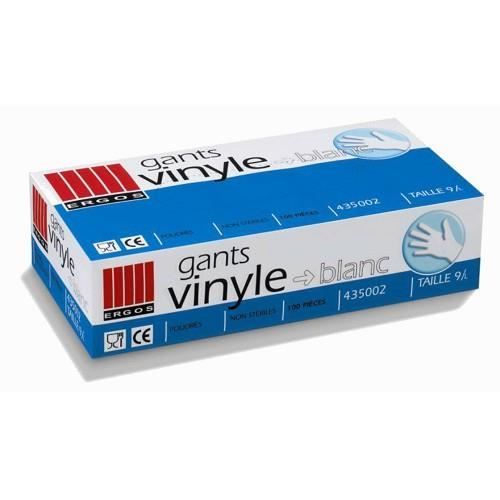 Boite gants ERGOS vinyle blanc poudrés L x100. Boîte de 100 gants vinyle à usage unique, taille L.