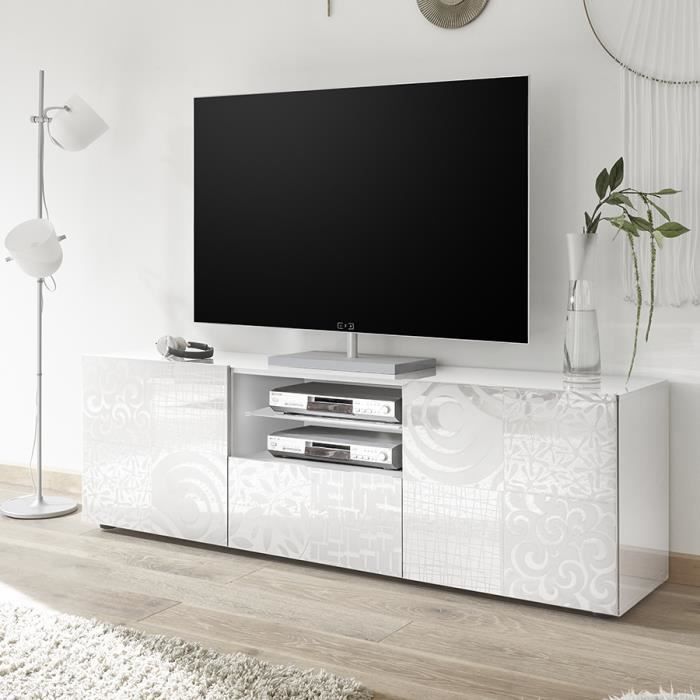 Grand meuble TV blanc laqué design NERINA L 181 x P 42 x H 57 cm Blanc