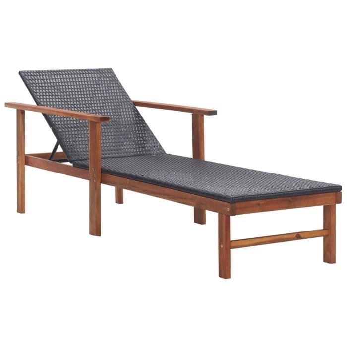 Chaise longue Sièges de jardin Bain de soleil Transat confort Résine tressée et bois d'acacia massif Noir