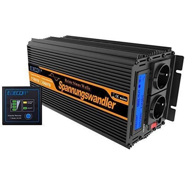 EDECOA Convertisseur 24v 220v 1500w Pur Sinus telecommande et 2X USB Transformateur 1500w et pic momentane 3000w Ondeleur Camion O