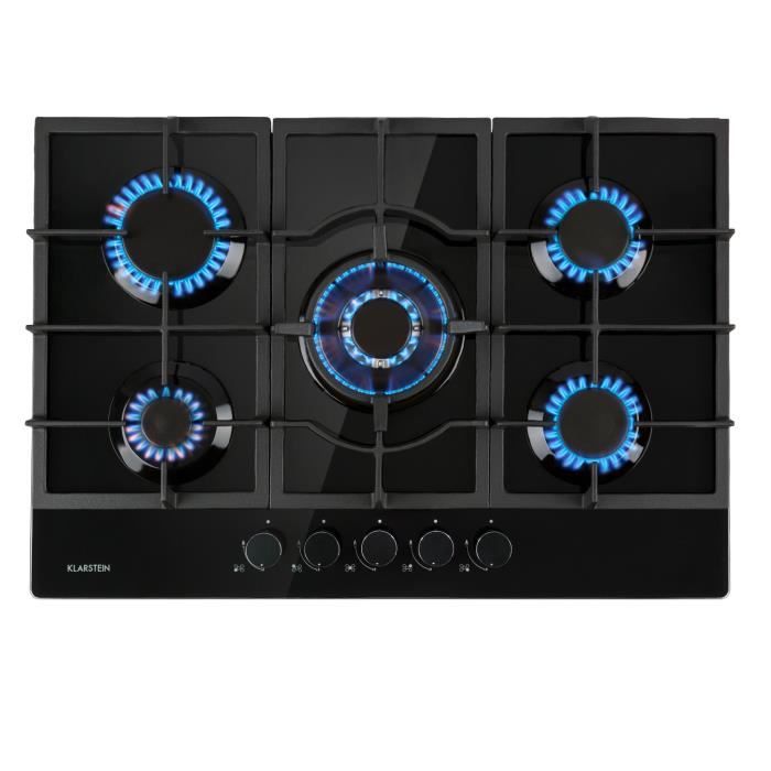 Plaque gaz 5 feux encastrable - Klarstein - 75 cm - tables de cuisson vitrocéramique - plaque de cuisson gaz - cuisinière - noir