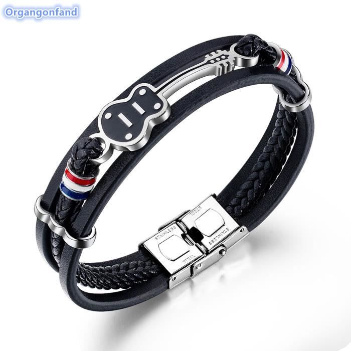 ORGANGONFAND Bracelet Homme cuir d'instrument de rock personnalisé Bijoux de guitare de style musical tissé multicouche rétro