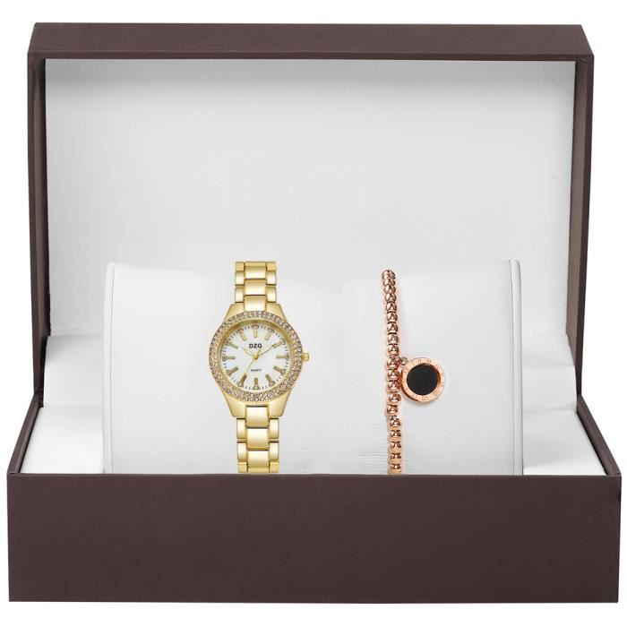 Coffret cadeau montre femme , montre à quartz élégante + bracelet de luxe, bracelet en acier inoxydable doré - cadran blanc