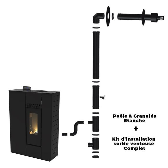 Poêle à granulés étanche Slim Astral 12 kW Noir Sannover + Kit d'installation Complet