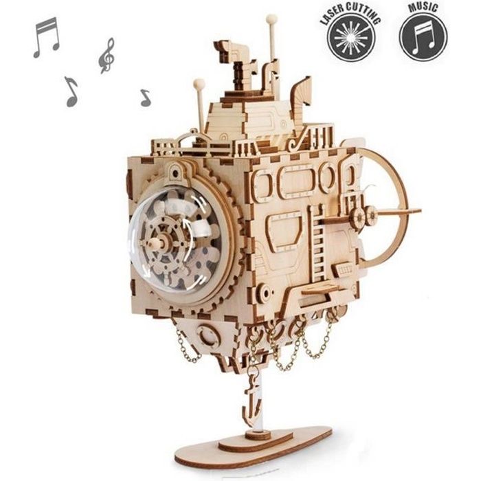 Bricolage Modèle de Construction Kits de boîte à Musique en Bois Jeu de Puzzle 3D Submarine Mécanique Maquette Jouet Cadeau