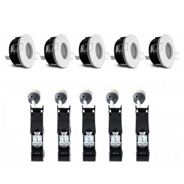 PACK 5 x Support de spot bbc Rond Etanche Blanc Ø82 x 59 mm IP65 + Douilles Automatiques Céramique GU10