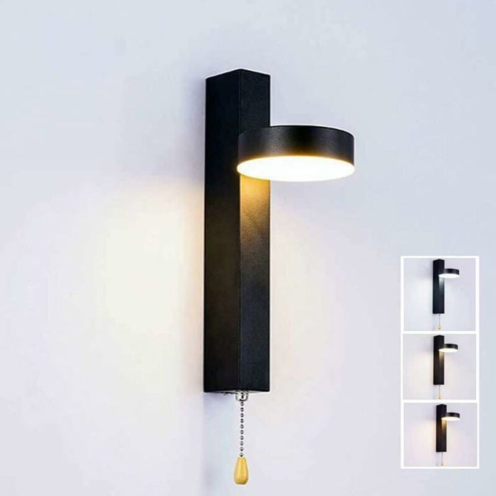 Applique Murale Led 9W Tricolore Sélectionnable avec Interrupteur à Tirette Rotatif à 360° Luminaire Mural Led Intérieur