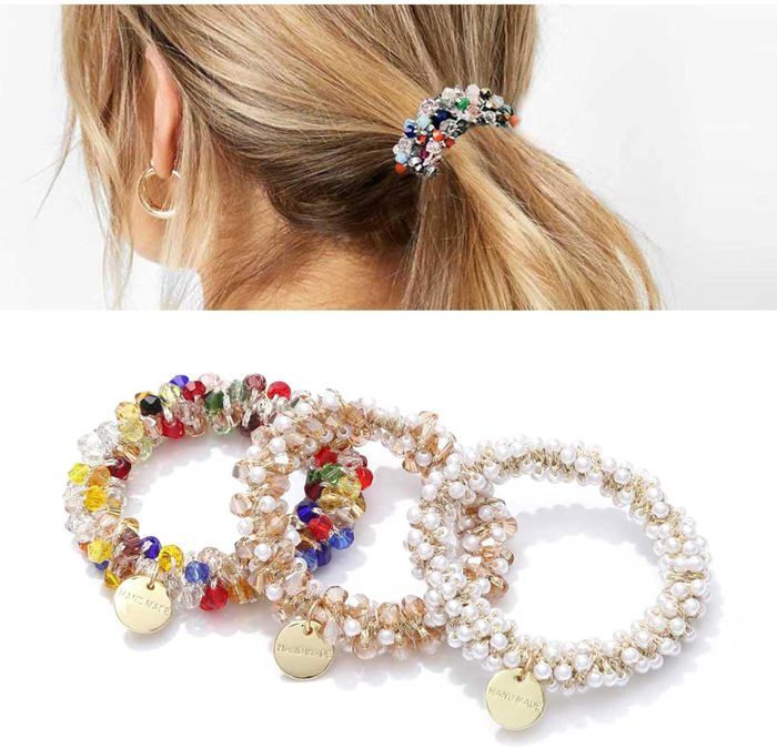 Lot De 5 Chouchous Avec Perles Artificielles – Élastiques Doux Pour Femme – Pour Coiffures élégantes, Quotidien Ou Occasion