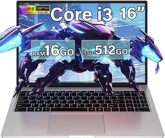 BVATE Ordinateur Portable 16 Pouces – Core i33.2 GHz -Intel® Iris® -Win11 – 16 Go RAM + 512 Go SSD – 1920*1200 FHD – WIFI- Argent