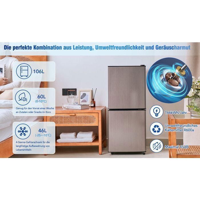 Réfrigérateur 102x44.5x42.5 cm réfrigérateur congélateur à faible consommation dénergie Frigo a éclairage LED argent