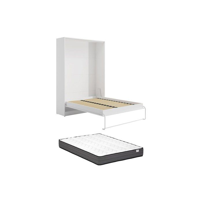 Lit escamotable 160 x 200 cm - Ouverture verticale manuelle - Blanc + Matelas - BEGANIO