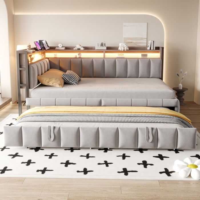 Canapé-lit 1 place velours gris 90x200 cm avec lit gigogne rangements et ports USB/C - sans Matelas Canapé-lit 1 place velours gris 90x200 cm avec lit gigogne rangements et ports USB/C - sans Matelas