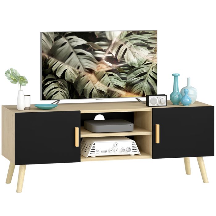 Meuble TV - HOMCOM - jusquà 50 pouces - avec étagères 2 placards et passe-câbles - pour salon chambre à coucher - chêne