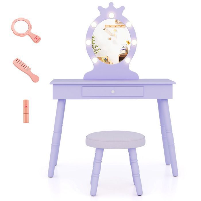 COSTWAY Ensemble de Coiffeuse et Tabouret pour Enfants avec Miroir Eclairé Luminosité Réglable 70 x 34 x 99 cm Violet