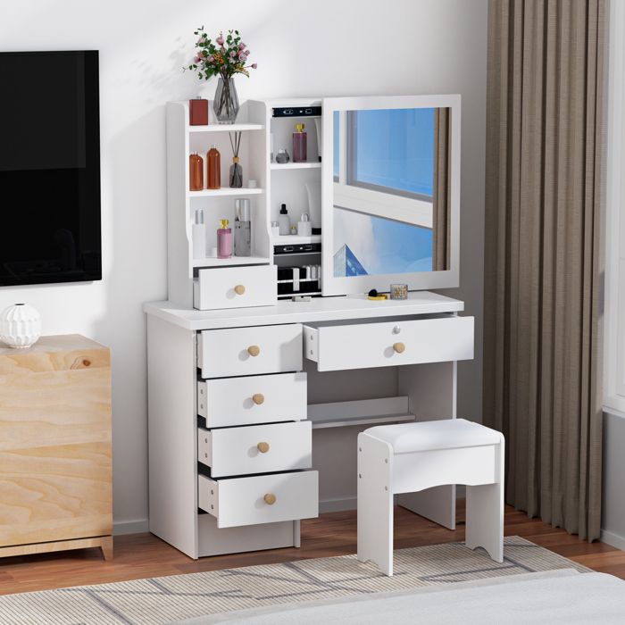 Coiffeuse 6 tiroirs spacieux avec miroir coulissant grand format et espace rangement organisé design élégant pour chambre à coucher